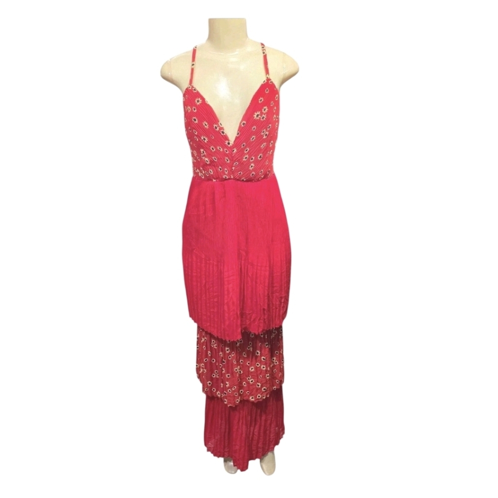 Free People X Fame and Partners Kayla Tiered Maxi Gown Red Pleated Dress